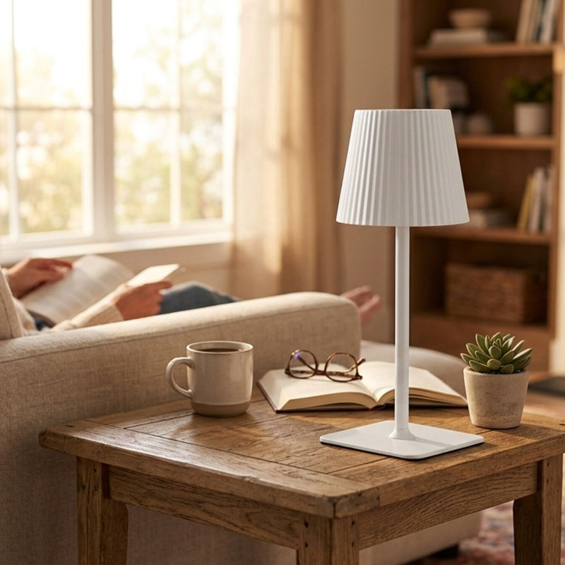 LED Rechargeable Lamp with A-line Shade, 15 Inch, White, 14.76" H x 4.33" W x 4.33" D