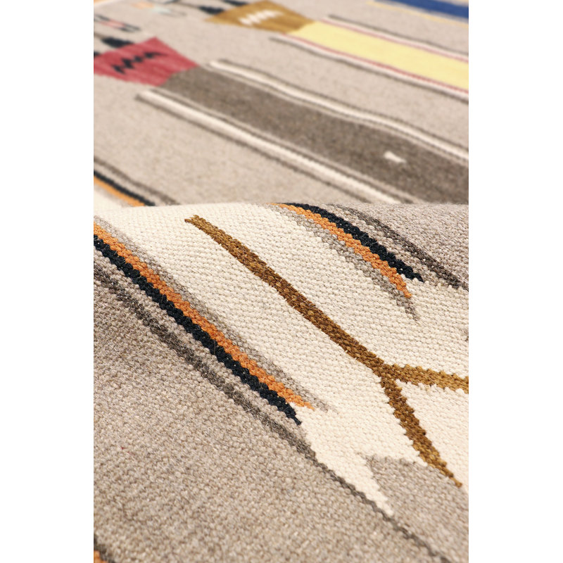 Rectangle Tuscany Handmade Flatweave Wool Area Rug in Mocha/Blue/Yellow, Rectangle 4'1" x 6"