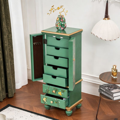 Armoire à bijoux vintage en frêne américain de 39,5 cm (15,55 po) avec miroir intégré à couvercle rabattable, crochets sur les portes latérales et rangement à plusieurs tiroirs – Meuble de rangement à bijoux autoportant pour accessoires de chambre