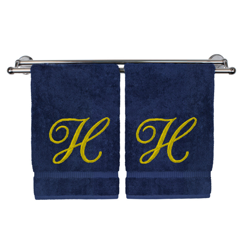 Ensemble de serviettes 2 pièces 100% coton monogramme, Bleu marine/doré, H