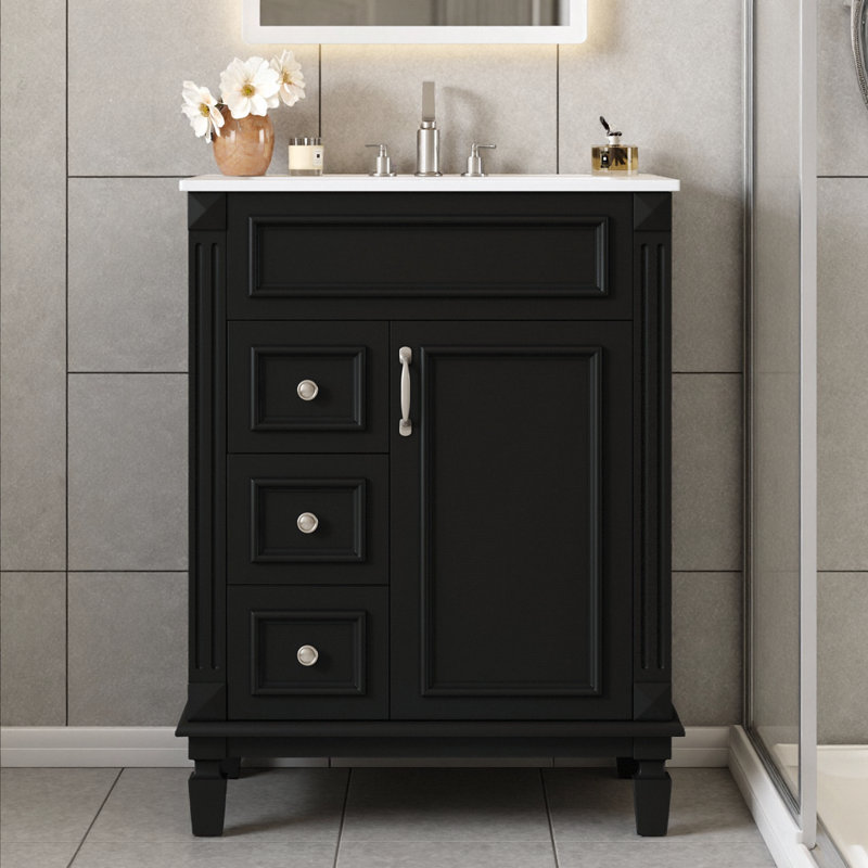 Meuble-lavabo de 24 po avec lavabo en céramique, 2 tiroirs et tablette réglable pour petits espaces d'inspiration française