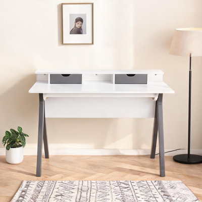 Bureau contemporain avec tablette surélevée et deux tiroirs en bois blanc et gris