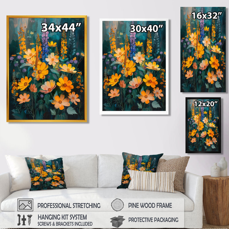 «Yellow Wildflowers Vibrant Symphony» - salon d'art mural fleurs sauvages, Toile encadrée noire simple