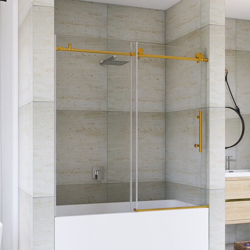 56-60 "W X 60" H Frameless Sliding Shower Door In Brushed Gold Finish, Brushed Gold