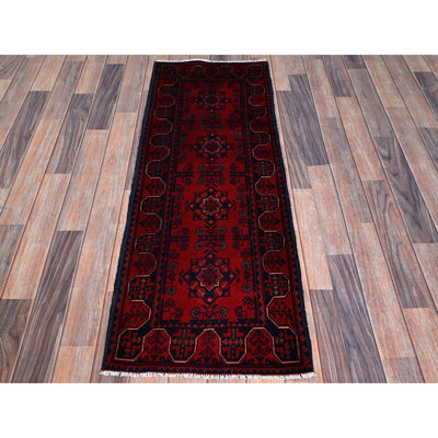 1'9"x4'9" Carmine Red, Afghan Khamyab with Tribal Medallions Design, Hand Knotted, Soft and Velvety Wool, Vegetable Dyes, Short and Narrow Runner, Oriental Rug