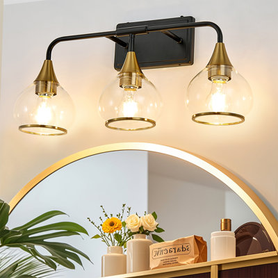 23 Inch 3-Light Bathroom Vanity Light, Black And Gold Wall Sconce Lighting With Clear Glass Shades, Industrial Wall Mounted Lamp For Mirror, Bedroom And Living Spaces, Bulb Not Included