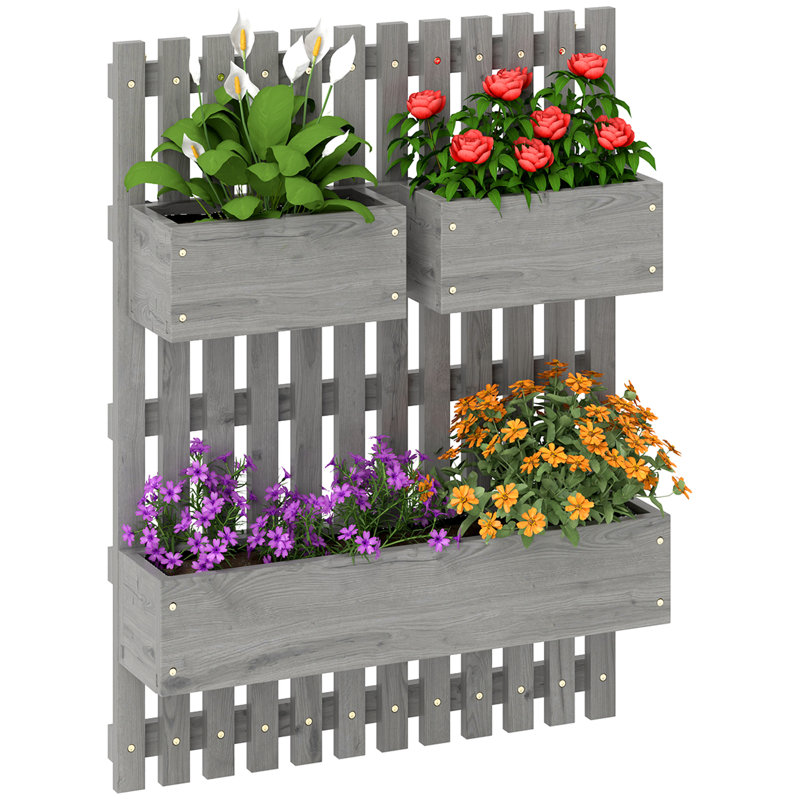 Outsunny Wall-mounted Wooden Garden Planters with Trellis, Grey