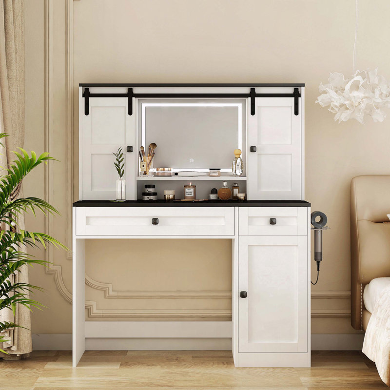 Coiffeuse Farmhouse avec miroir lumineux et rangement