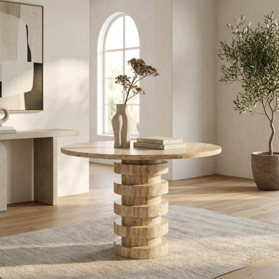 Table d'appoint décorative ronde en travertin avec base de piédestal sculpturale - Table de bout étroite parfaite pour le salon et le bureau - brun clair