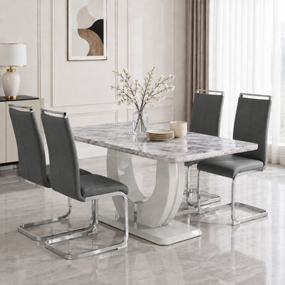 Modern 5-Piece Faux‑Marble Rectangular Dining Table Set with Cantilever Dining Chairs