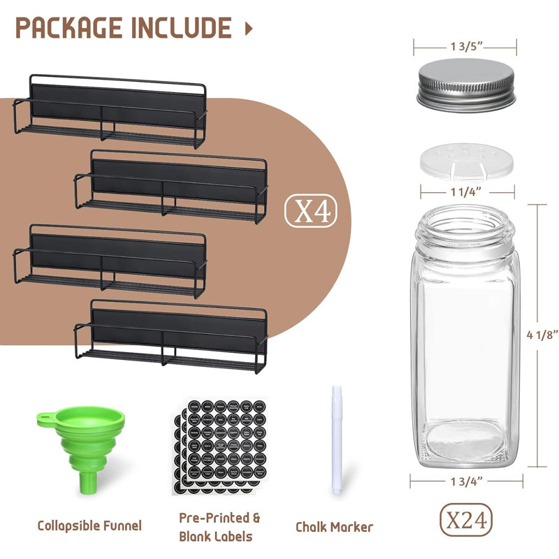 Magnetic Spice Rack, 4 Pack, 24 Square Glass Jars with Lids, Quick-Find Pre-Printed Labels