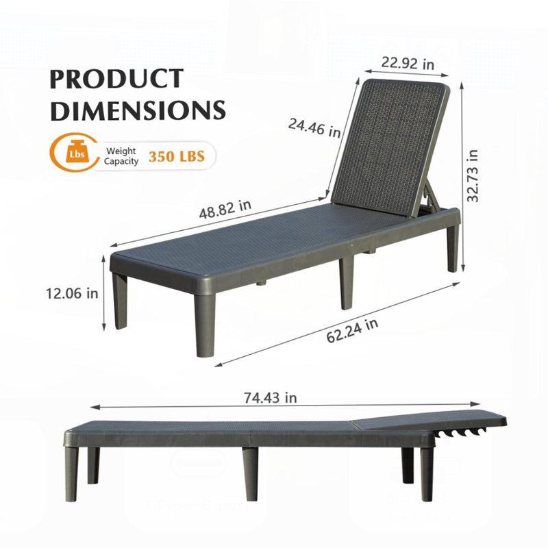 Durable Pool Lounge Chairs Set of 2, 6-Position Adjustable Backrest, Waterproof Resin for Outdoor Comfort and Style, Gray