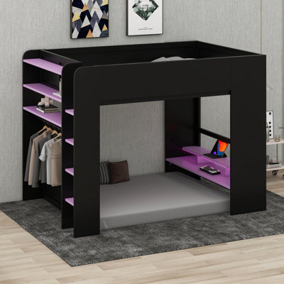 Lit superposé en bois avec bureau réglable en hauteur et garde-robe intégré, cadre de lit mezzanine avec DEL et tablettes de rangement