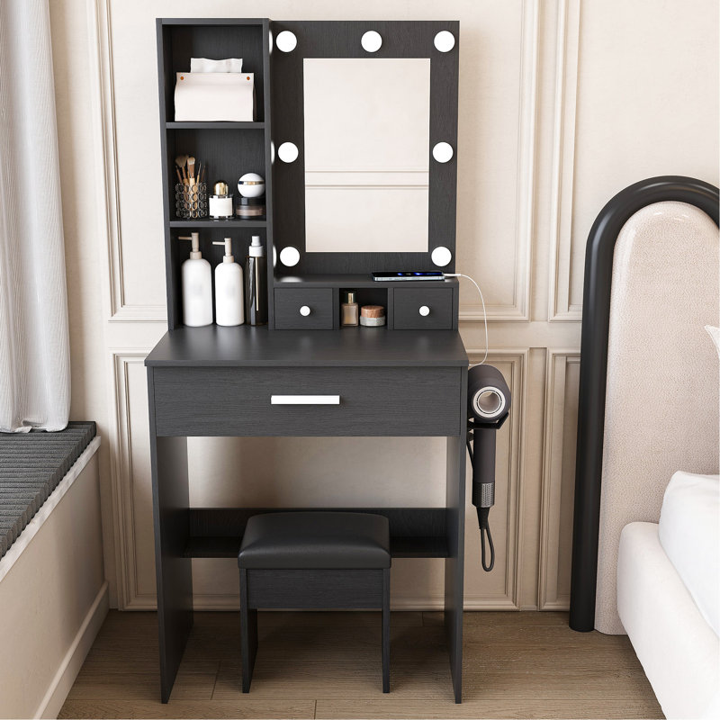 Vanity Table With Adjustable Led Lights, Power Outlet, Hairdryer Holder And Stool In Black For Bedroom - American Classic Modern Style Glass Mirror, Design Bedroom, Ideal Small Spaces, +Glass Filler