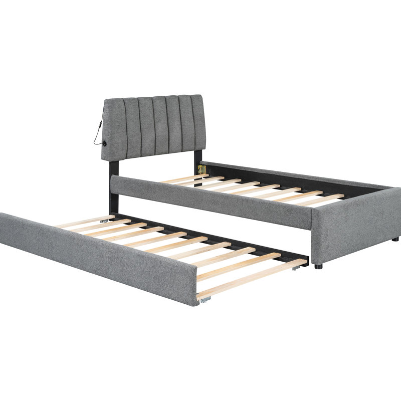 Lit plateforme tapissier avec lit gigogne gris - construction pour une utilisation à long terme simple, polyvalente et pratique
