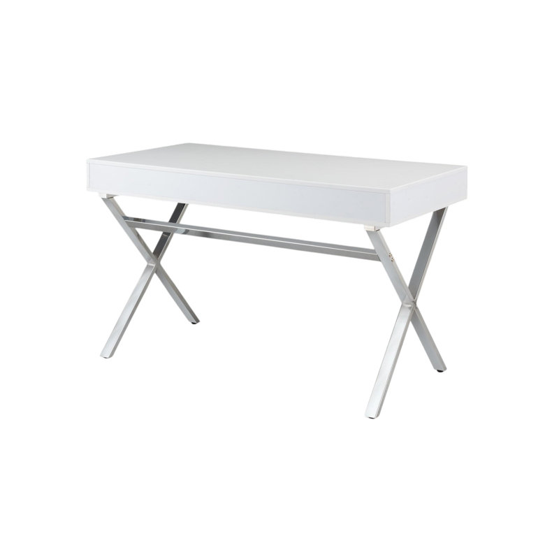 Bureau d'ordinateur 47 po en bois et métal blanc et argent avec deux tiroirs