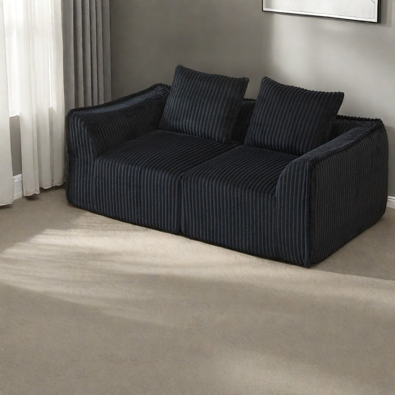 Causeuse à compression, causeuse moderne en velours côtelé noir 72 pouces pour la maison