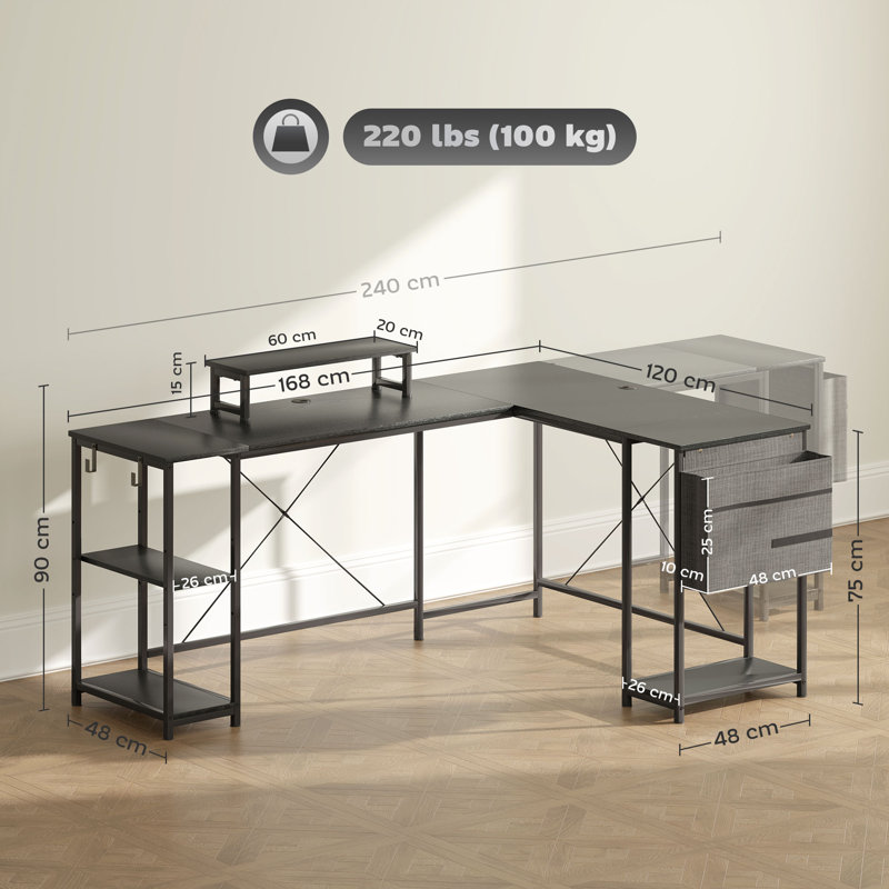 Rascoe L-Shaped Metal Base Computer Desk, Black
