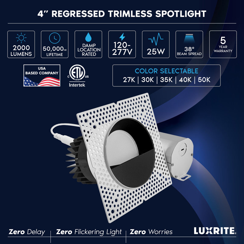 Projecteur encastré sans cadre à DEL de 4 pouces avec remplacement de garniture murale noire 25W, 2000LM, 5CCT, à intensité variable, CRI90, ETL, blanc + noir LUXRITE