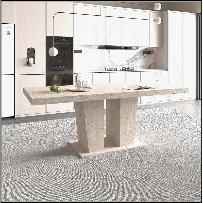 Table de salle à manger rectangulaire extensible pour 6 à 10 personnes, motif de travertin veiné, design simple et élégant, 160 à 200 cm