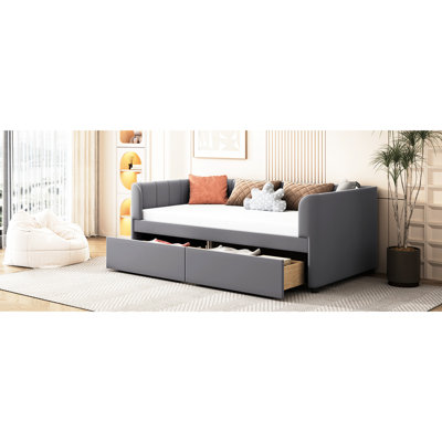Twin Daybed With 2 Storage Drawers And Ergonomic Back, Gray Modern Design Spacious