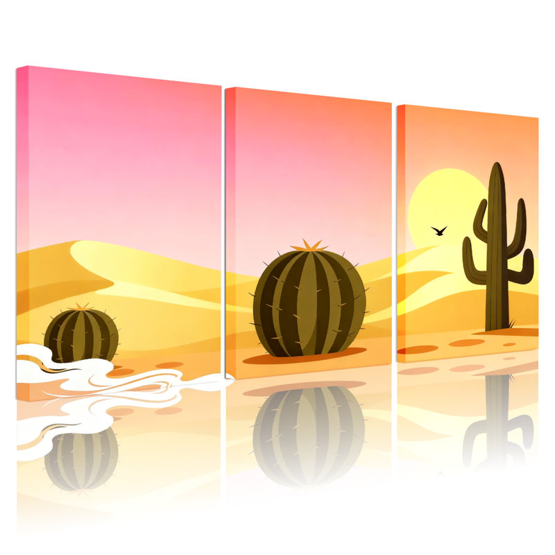 Cactus, paysage désertique avec cactus et coucher de soleil, ensemble de 3 impressions sur toile, H 24 po x l 48 po