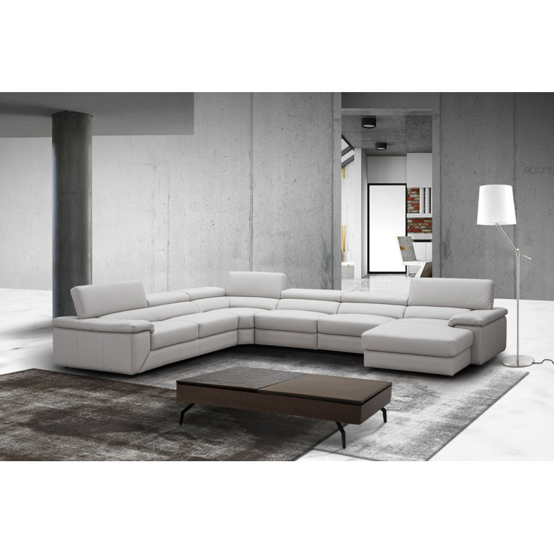 Upholstered L-Shaped Sectional, Silver/Gray Genuine Leather, Right Hand Facing