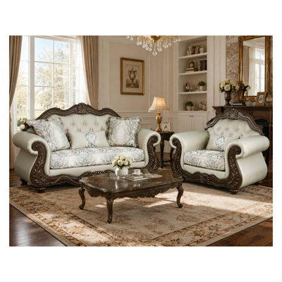 Pierce 2-Piece Traditional Living Room Set – Upholstered Loveseat  Accent Chair with Carved Wood Frame