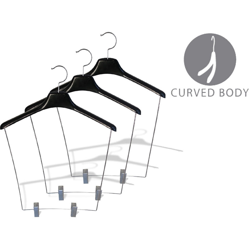 Cintre en plastique robuste avec chute de 12 po et pinces réglables pour cravate / ceinture, Noir