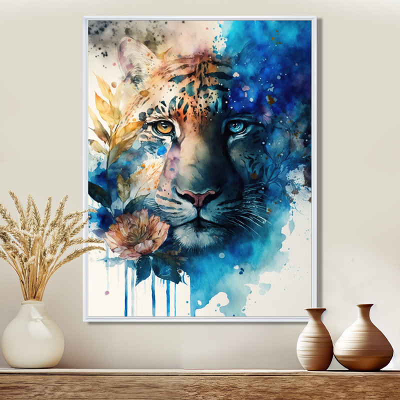 Tiger Portrait with Flowers II - Print on Canvas, 32" H x 24" W, White Floater Framed