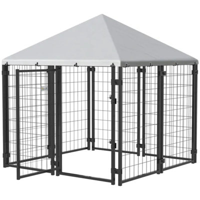 Lockable Outdoor Dog House Kennel With Water-resistant Roof, 4.6' × 4.6' × 5' For Small & Medium Dogs