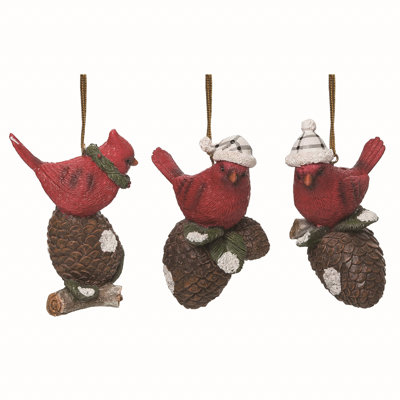 Resin Red Christmas Cardinal on Pinecone Ornaments Set of 3