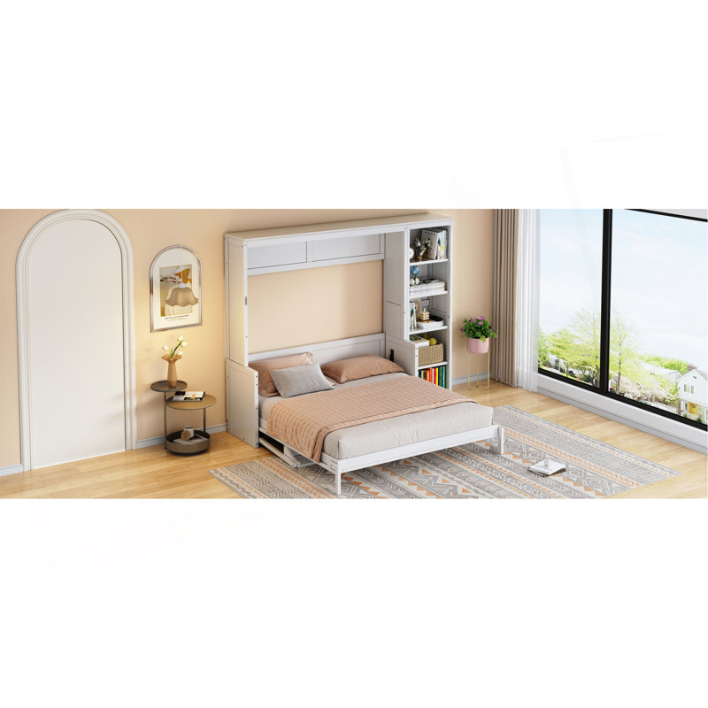 Grand lit escamotable avec bureau et bibliothèque, Blanc, Grand lit