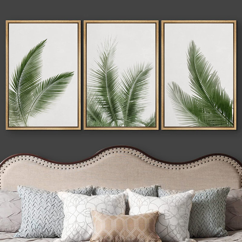 «Minimal Botanical Green Tropical Jungle Palm Tree Leaf Botanical Simple Décor», reproduction d'art encadrée sur toile 3 pièces