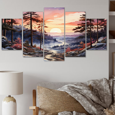 Pin, horizon d'hiver - Art mural sur toile de pin - 5 panneaux
