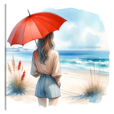 " Seaside Serenity Coastal Escape with Red Umbrella " Print