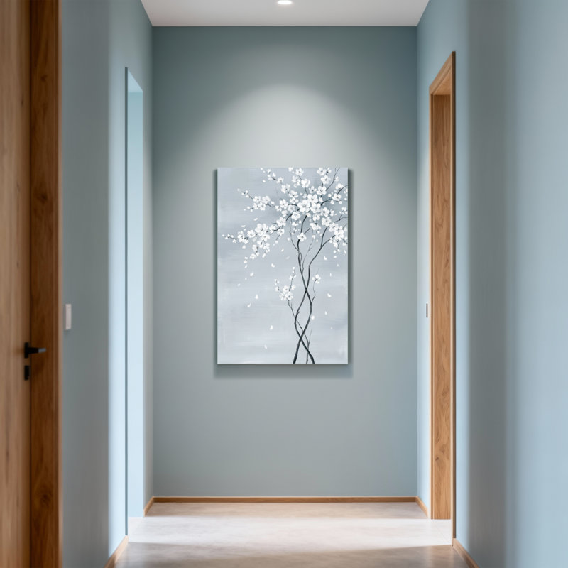 «Plants & Flowers White Blossoms» sur fond gris, reproduction d'art, H 36 po x l 24 po