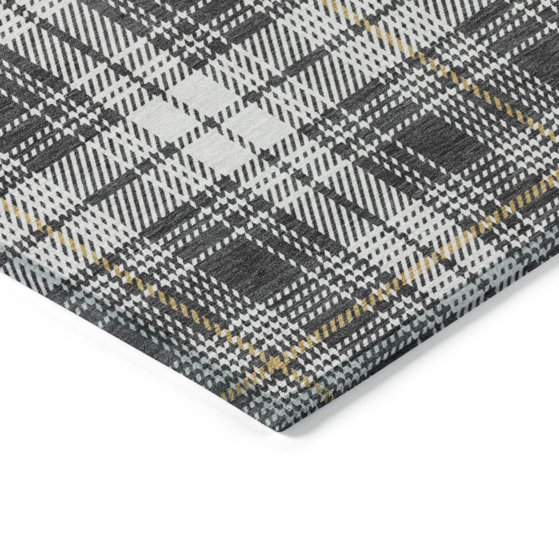 Charcoal Plaid Machine Washable Synthetic Indoor/Outdoor Rug