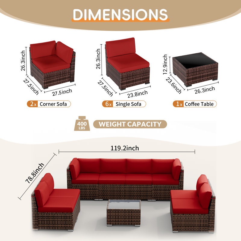 Avamay Rattan Sectional Seating Group with Cushions, Burgundy Performance Microfiber, No