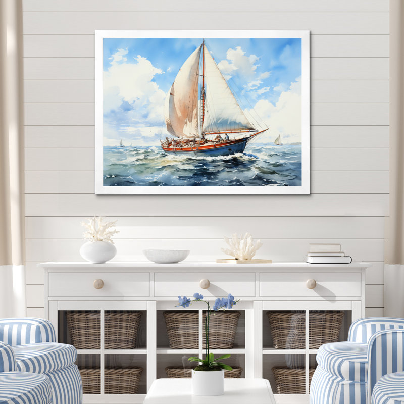Voilier dans le vent II sur toile, Cadre simple blanc, H 12 po x l 20 po x P 1 po