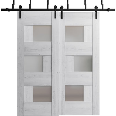Portes coulissantes de placard de style grange avec verre dépoli Sete 6933 Blanc nordique, rails robustes de 2 m, quincaillerie, portes de placard de chambre en bois massif - 183 x 213 cm (2 x 91 x 213 cm)