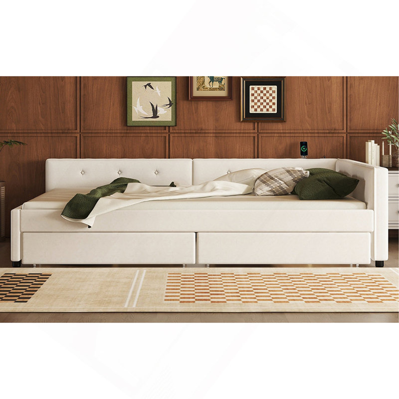 Grand lit plateforme tapissier avec port USB et 2 tiroirs, beige