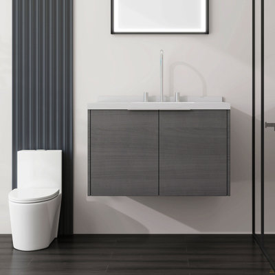 Meuble-lavabo flottant de 30 po avec lavabo, porte à fermeture douce, comptoir et dosseret en marbre de culture blanc de 2 po Carrara, contreplaqué, gris