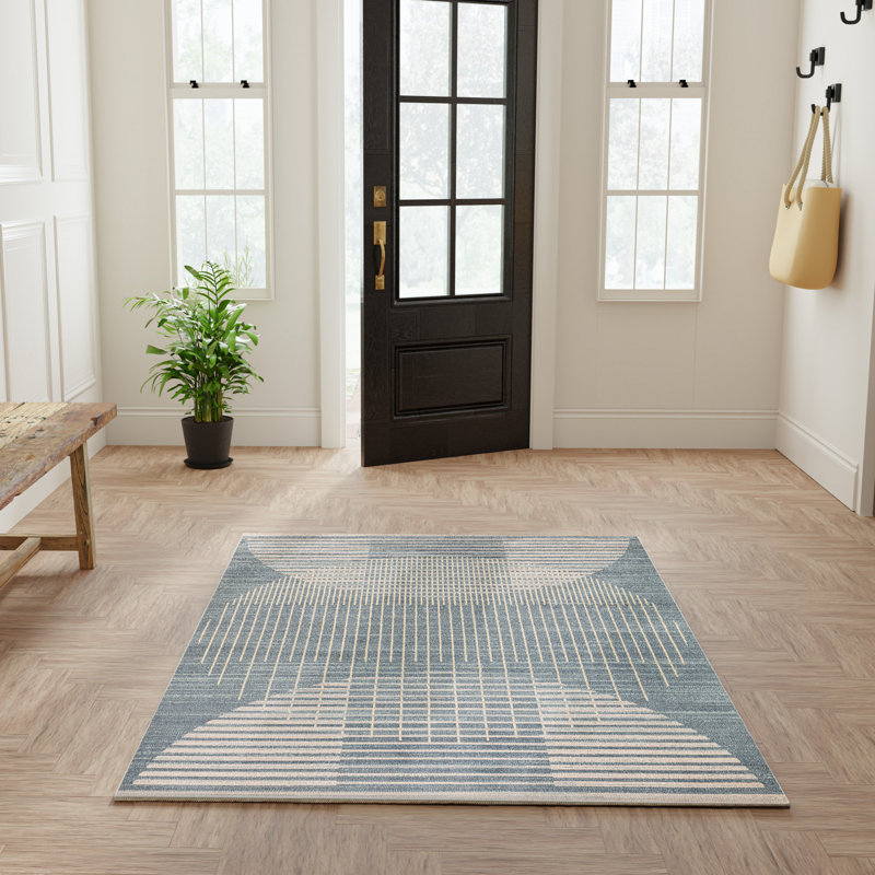 George Oliver Jeffs Machine Washable Blue Mid-Century Modern Indoor Rug, Rectangle 5'3" x 7'
