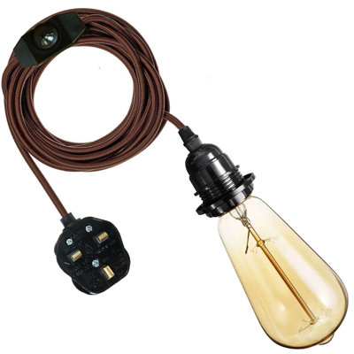Angelys Ceiling Pendant Fitting, E27 Lamp Holder 2M Plug In Pendant Light Cord, Fabric Cable 3 Pin Plug In With On/Off Switch Lighting Kit