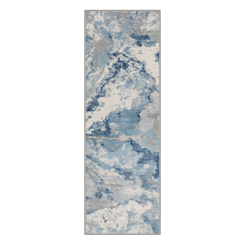 Patericia Aura Abstract Machine Washable Blue / Grey / Beige Indoor Area Rug with Non-Slip Backing, Runner 2' x 6'