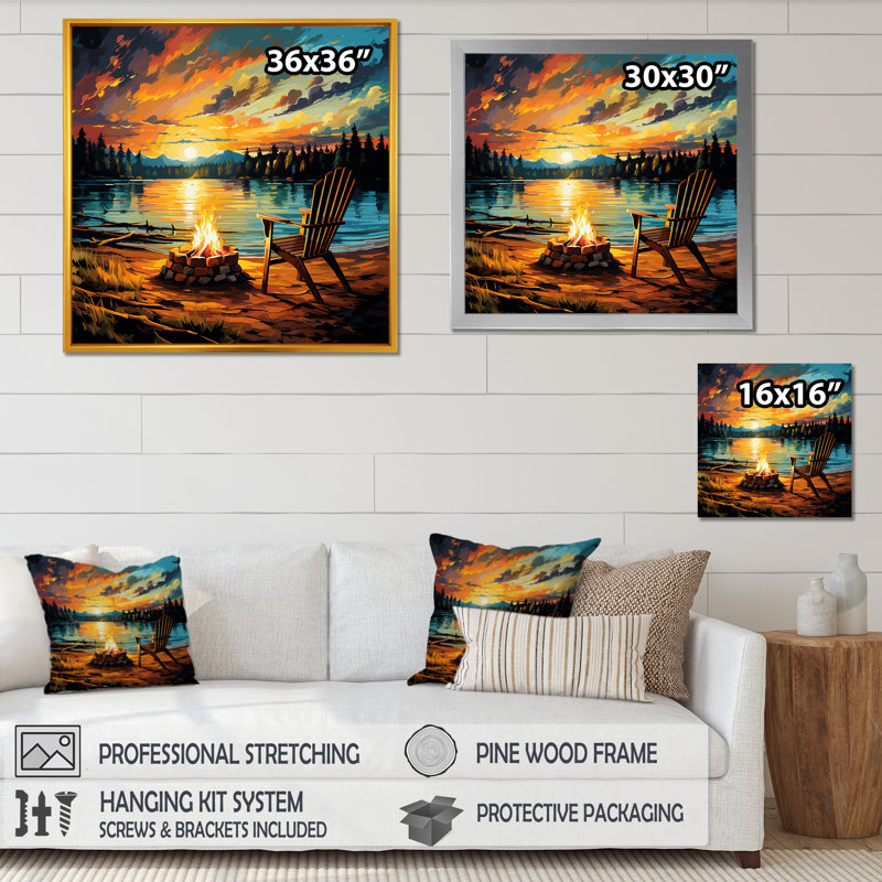 Coucher de soleil sur le feu de camp par The Late - Art mural de chambre de bébé, Cadre flottant blanc, 16" H x 16" W