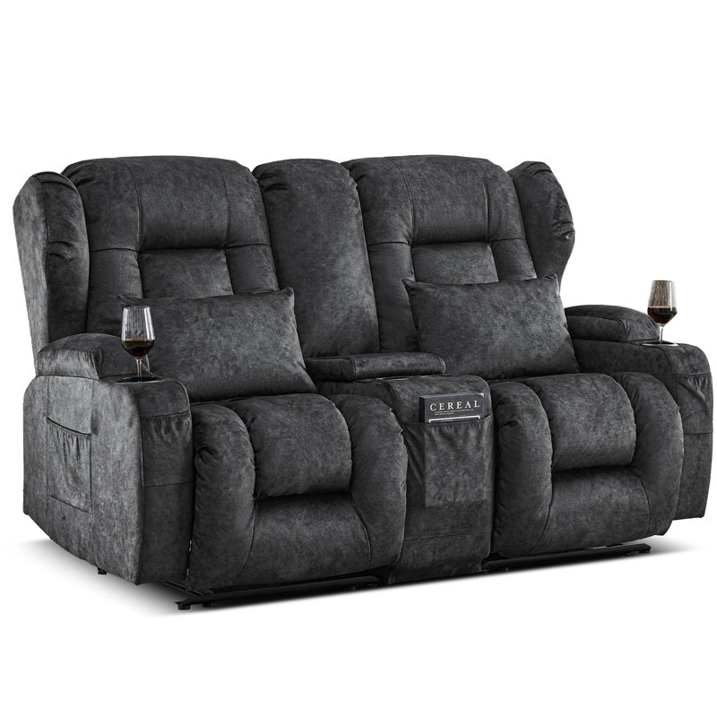 Causeuse inclinable avec console centrale de rangement, canapé inclinable manuel double avec poches, porte-gobelets, coussins