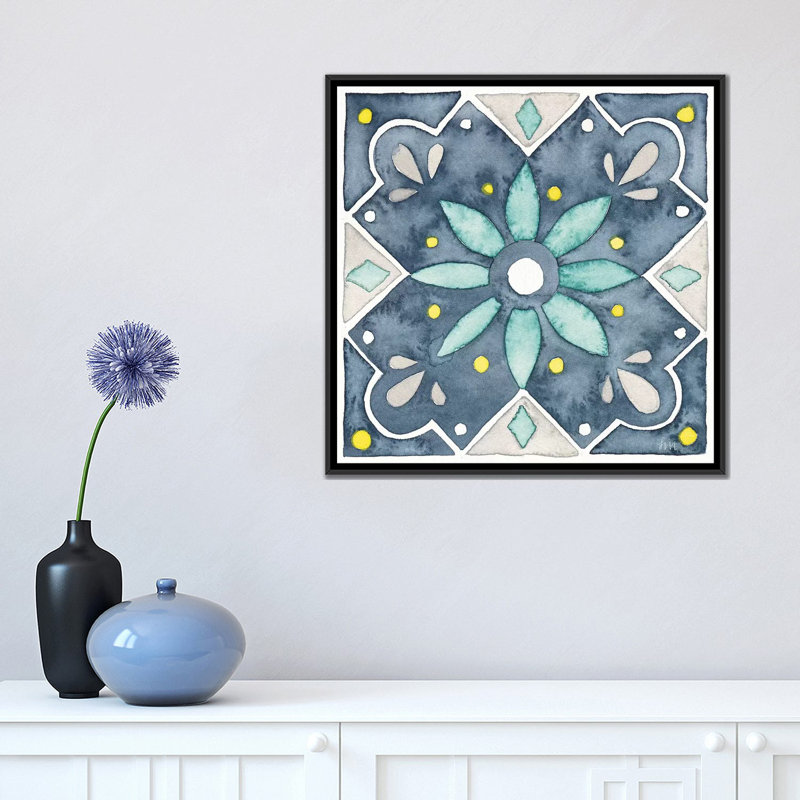 «Garden Getaway Tile V Blue», reproduction sur toile, H 18 po x l 18 po x P 1,5 po, Toile avec cadre noir, Pas de tapis