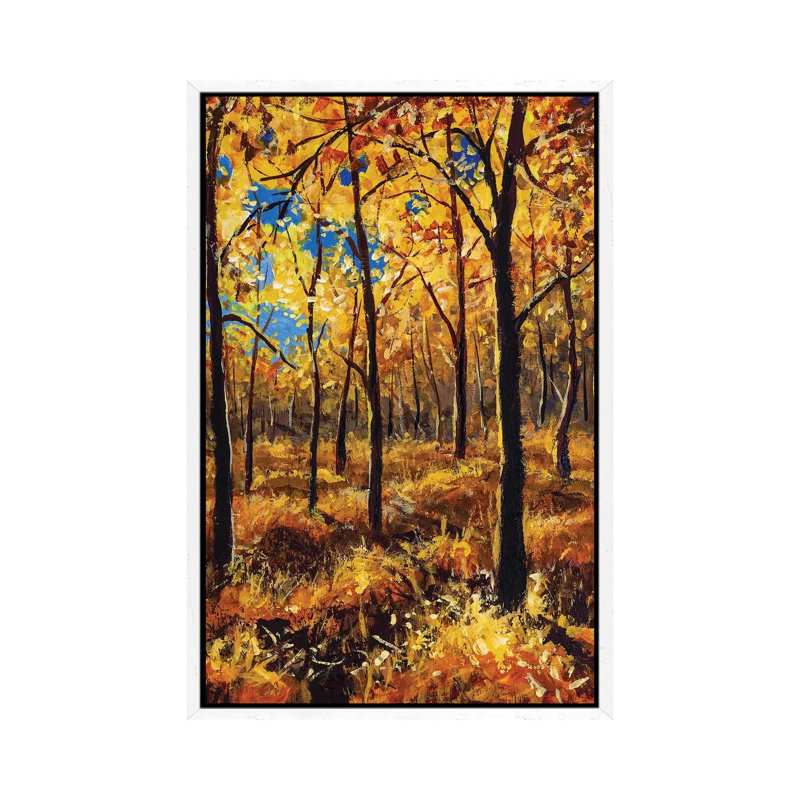 Beautiful Autumn Trees in Gold Warm Orange Autumn Forest Park Alley 1 Piece Painting on Canvas, White Framed
